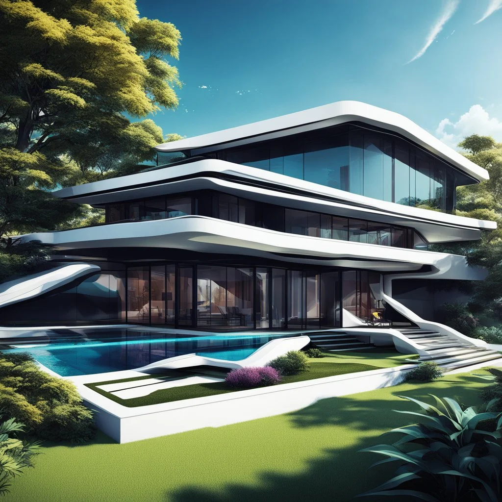 A modern country house, neofuturistic, retro anime art style, contrasting colors. Ultra quality, hyper detailed. By Zaha Hadid