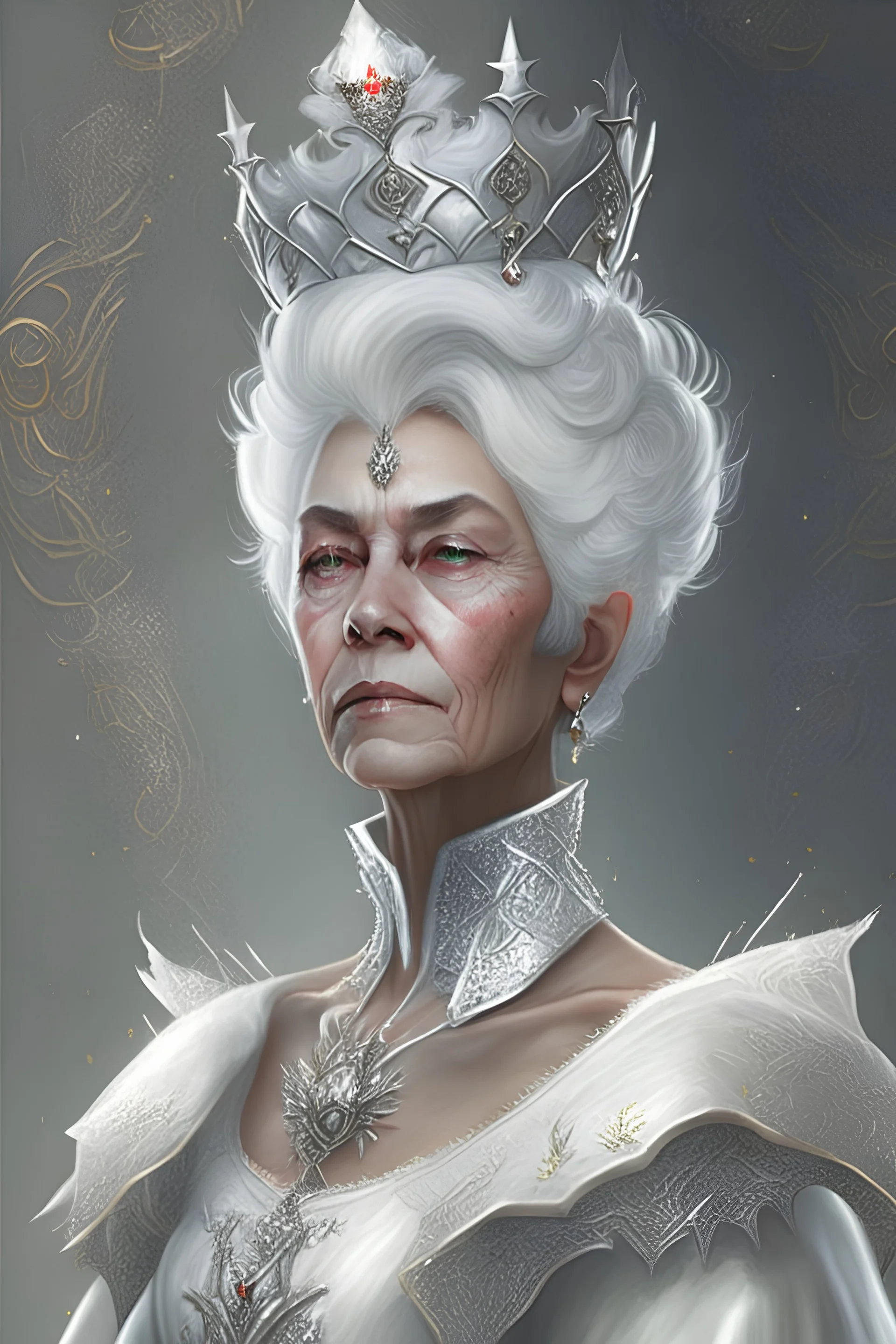 dnd character, queen with white regal dress, short silver hair and an ornate crown