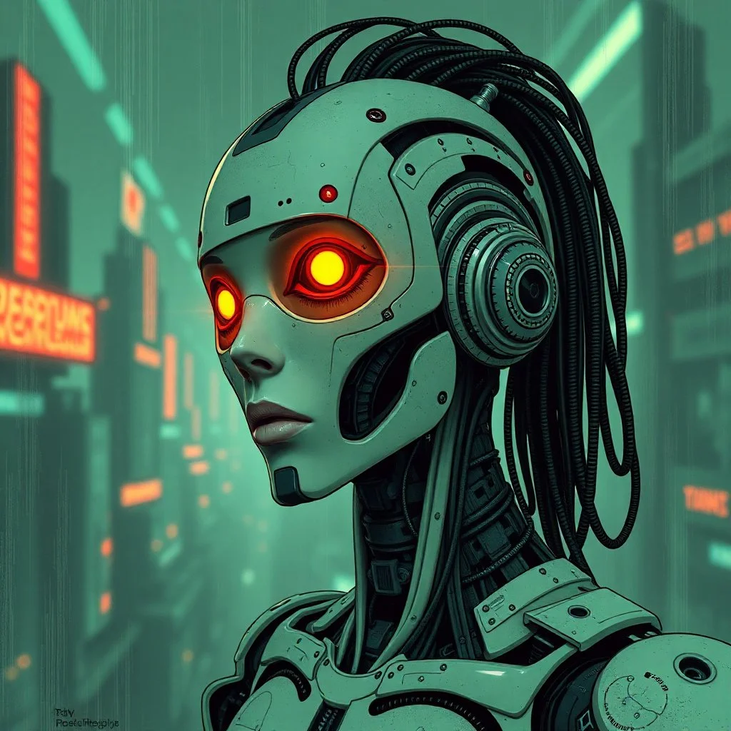 robot, dystopia, cyberpunk aesthetic, alien, androgynous