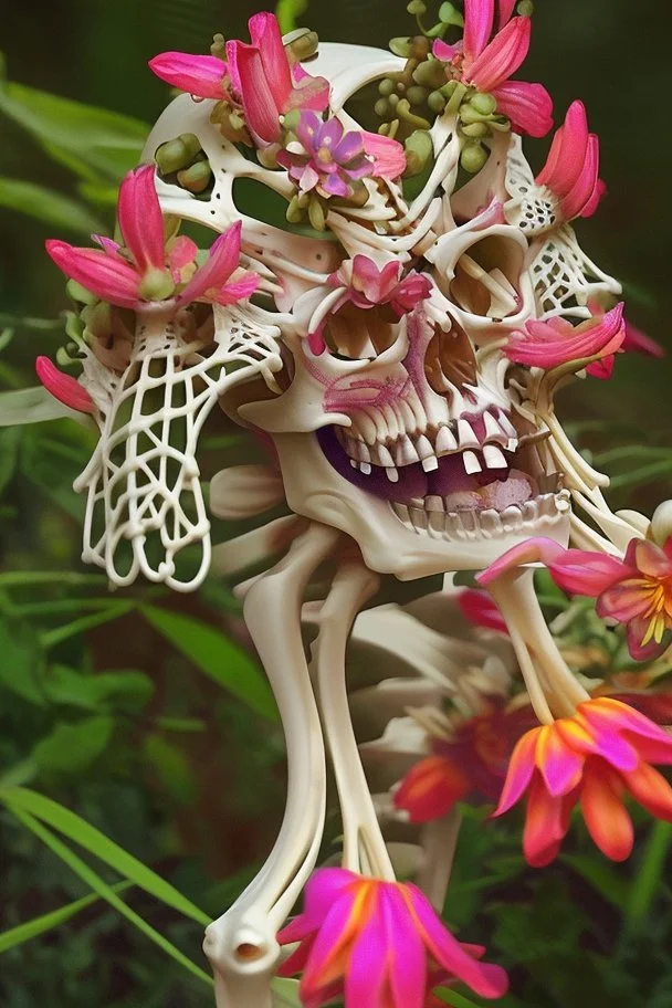 Elaborate skeleton lattice with multicolored blooming alien flowers growing through it.