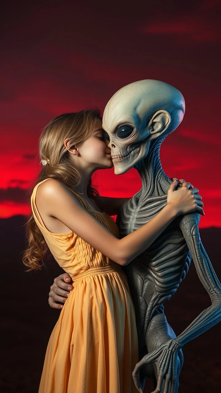 A beautiful girl hugging an ugly alien, they are kissing each other with romantic themes background is a vivid red sky, and the lighting creates a dramatic and otherworldly atmosphere