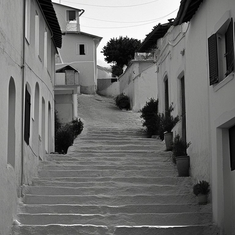 Calle de un pueblo de una isla italiana en verano, con escalinata, y arcos, tono decadente, fotografía real, fotografía realizada con cámara Leica y objetivo de 50 mm, siguiendo estilo de la serie 'Ripley', fotografía en blanco y negro, virada tonos años 50