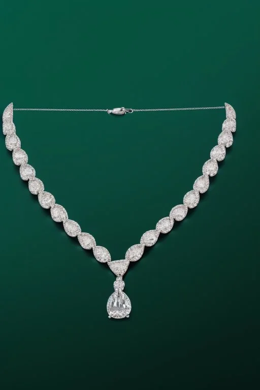 nice diamond and white gold necklace on manquin stand in luxury environment