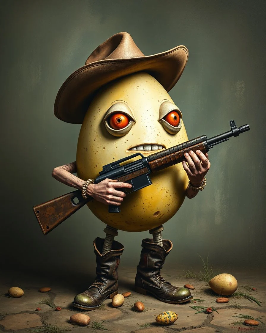 Bosch painting style ,nightmare, a big Easter eggs with lugs wearing boots and hands carrying a machine gun with a big cowboy’s hat and