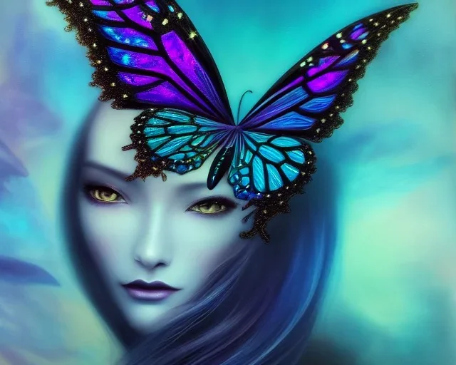 Beautiful mystical butterfly portrait, dark fantasy, romanticism, acrylic paint, chinese painting, magazine, highly detailed, ethereal, otherworldly, backlighting, rays of shimmering light, persian empire, artstation, silver, purple, black, teal, aqua, yellow, olive, vibrant, intricate,