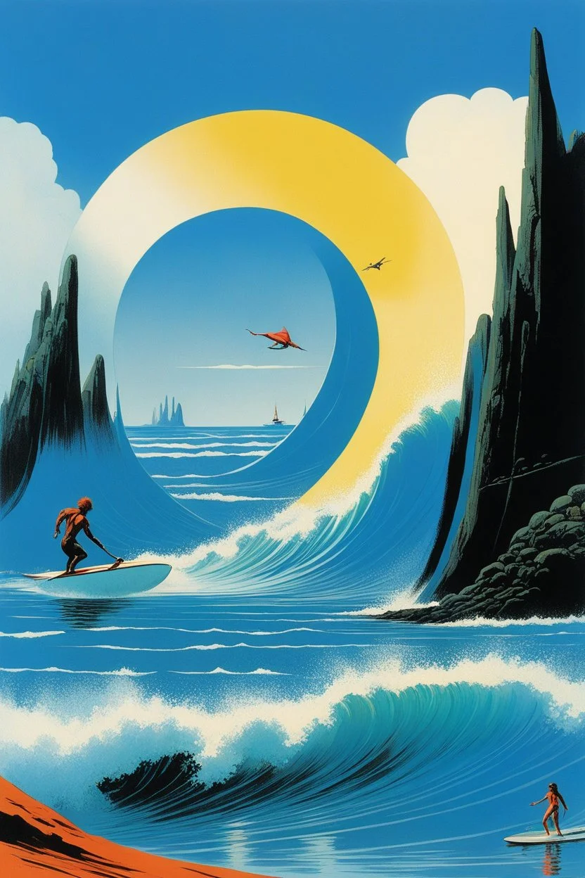 [illustration by Roger Dean futuristic neo-dada] Le surf, c’est la liberté, Gauches ou droites, il faut les écouter, Je les suis, je suis debout, Elles me guident, je les allonge.