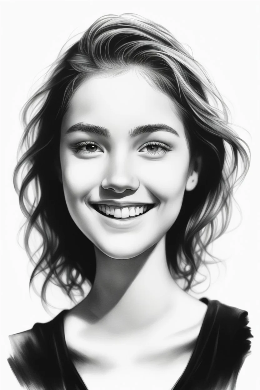 A realistic drawing in negative space black ink on white background of a beautiful front view of girl smiling with clear white face, all picture is bright white