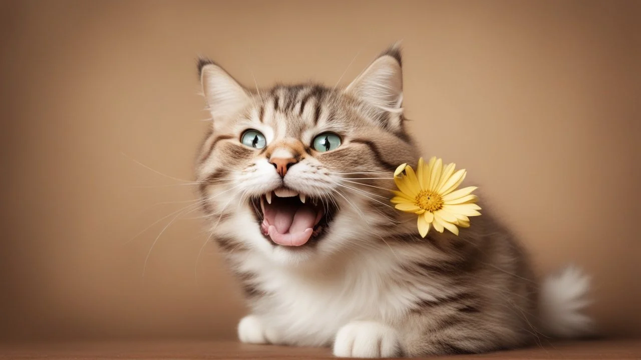 laughing cat on the Broun background with little flower