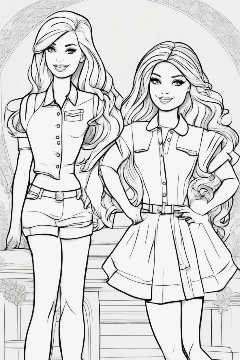 outline art for kids barbie coloring pages with barbie with her 2 friends , no background, sketch style, full body, only use outline, mandala style, clean line art, white background, no shadows and clear and well outlined. should look exactly like barbie