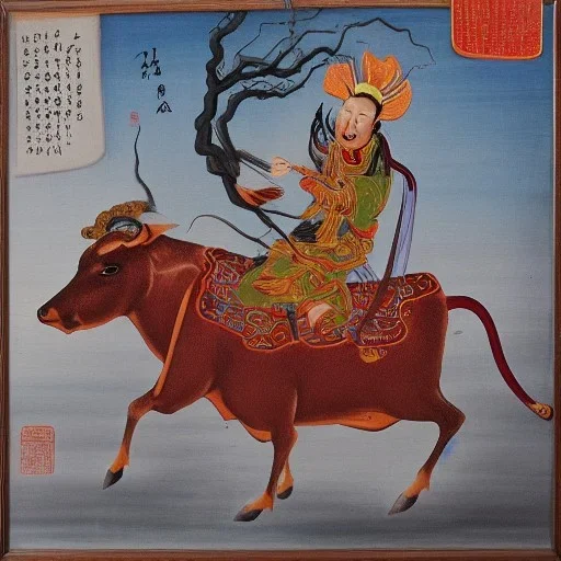 chinese god with thunder bolt in hand riding a cow painting