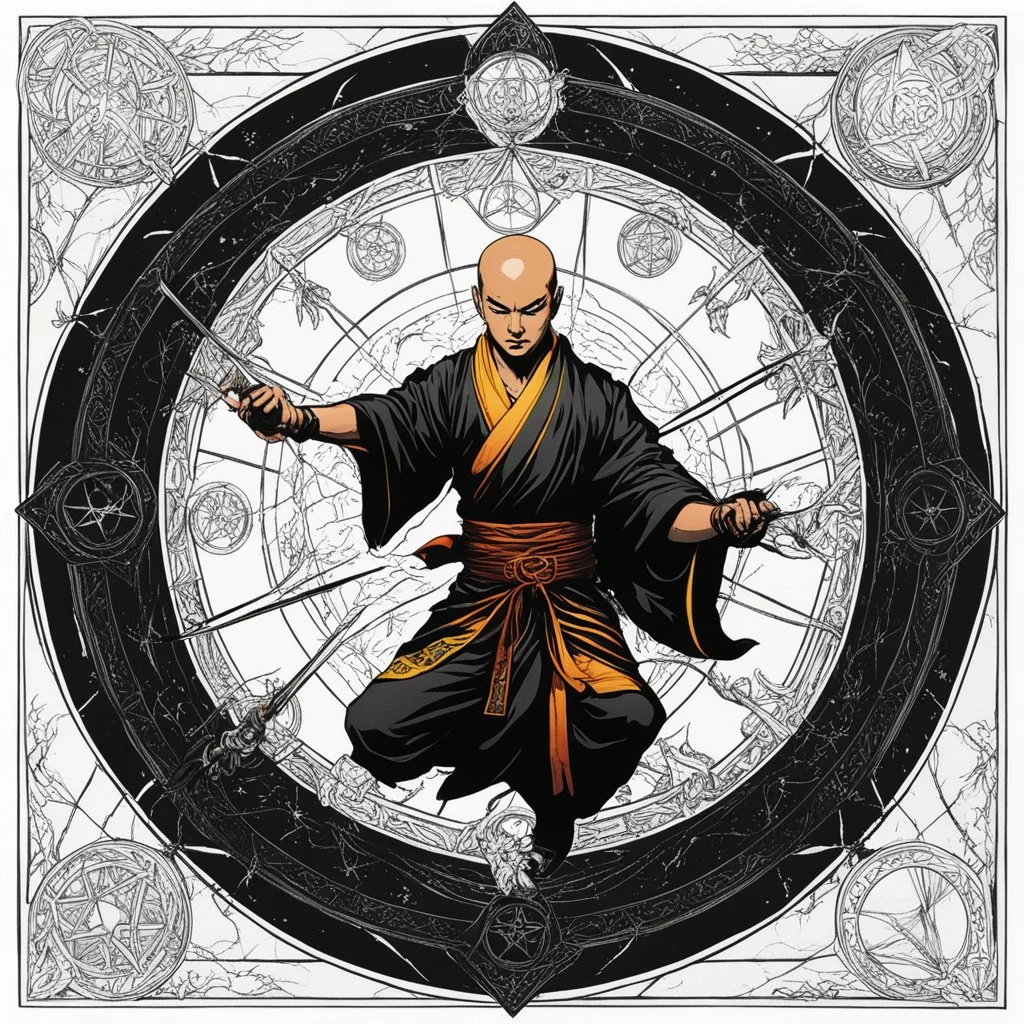 (in the style of Orion, by Masamune Shirow) a Shaolin monk casting a magic spell in the middle of a pentacle, magic is in the air, he cast fire by his hands