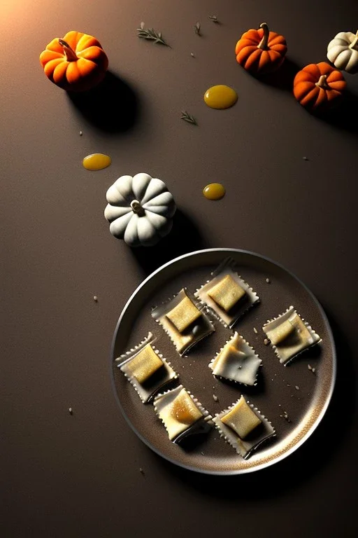 Cooking photo of Raviolis with truffle and pumpkin, olive oil, moisture, art, natural, ornaments, ceramic, marble, high kitchen, smooth, god rays, unreal engine 5, ray tracing, RTX, lumen lighting, ultra detail, volumetric lighting, 3d.