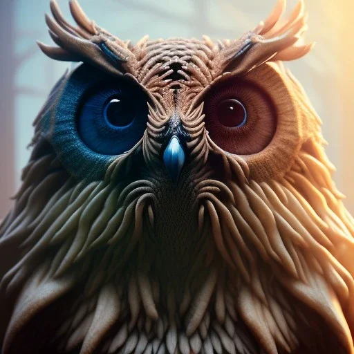 intricate details, realistic, octane, unreal engine, portrait, natural lighting,zoomed out + portrait, volumetric lighting, shiny,extreme detail, Photorealism, High detail, Hyper realistic Owl in forest, macro lens blur,abstract paint, sharp,ef 85mm 5.6, focus, trending by artstation