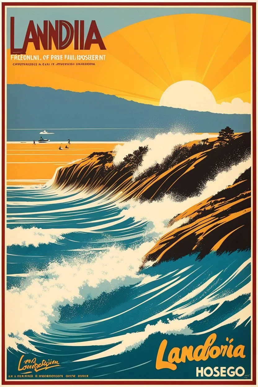 [Affiches "LANDIFORNIA" vintage by Fred Ludekens] Famous iconic Landifornia surf beach La Piste of Hossegor-Capbreton with its iconic bunkers