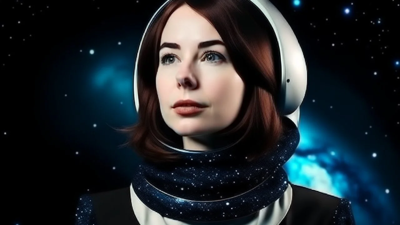 Portrait of pretty lady wearing a space collar on space background