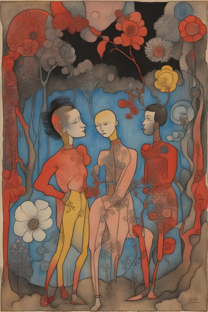 Schiță în creion de Jean Cocteau reprezentand o imagine pe tema oameni cu nume de flori , cu culori primare tari, fantezie de înaltă definiție calitate clară, stiluri de Utagawa Hiroshige, Paul Klee Dee Nickerson și Tim Burton, acuarelă topită și contururi de cerneală neagră pe hârtie umedă, linii moi, umbrite