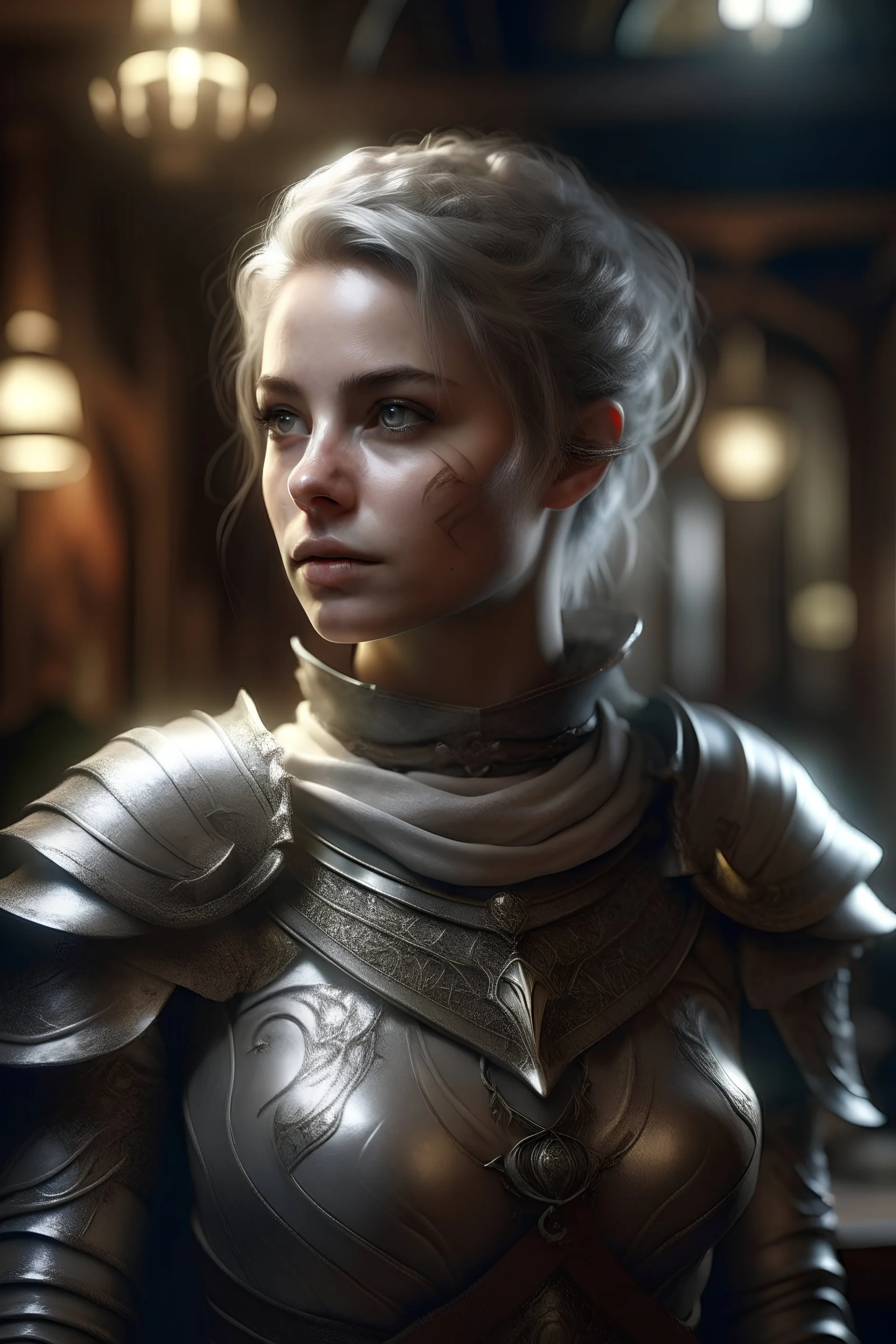 portrait of a beautiful female paladin, holy, short messy ashen hair, pale grey eyes, pale skin, undead, goodness, confident, dressed in an ornameted revealing light plate armor, wearing a silver circlet, standing in a tavern, realistic, dim lighting, ocult, petite, cinematic lighting, highly detailed face, very high resolution, looking at the camera, centered