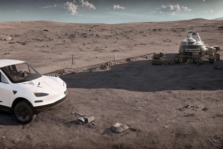 A Tesla 'Semi' (semi truck) is parked, at the lunar landing site of the 'Apollo 11'. (CINEMATIC, WIDE ANGLE LENS, PHOTO REAL)