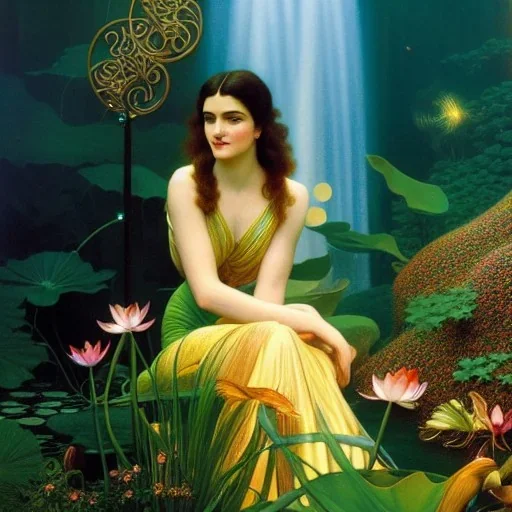 young Rachel Weisz sits by the goldfish pond, lotus, detailed face, long brown wavy hair; by gaspar camps, maxfield parrish, alphonse mucha, cyril rolando, dan mumford; luminous colorful sparkles, glitter, airbrush, octane render, volumetric lighting, Hyperdetailed oil on canvas