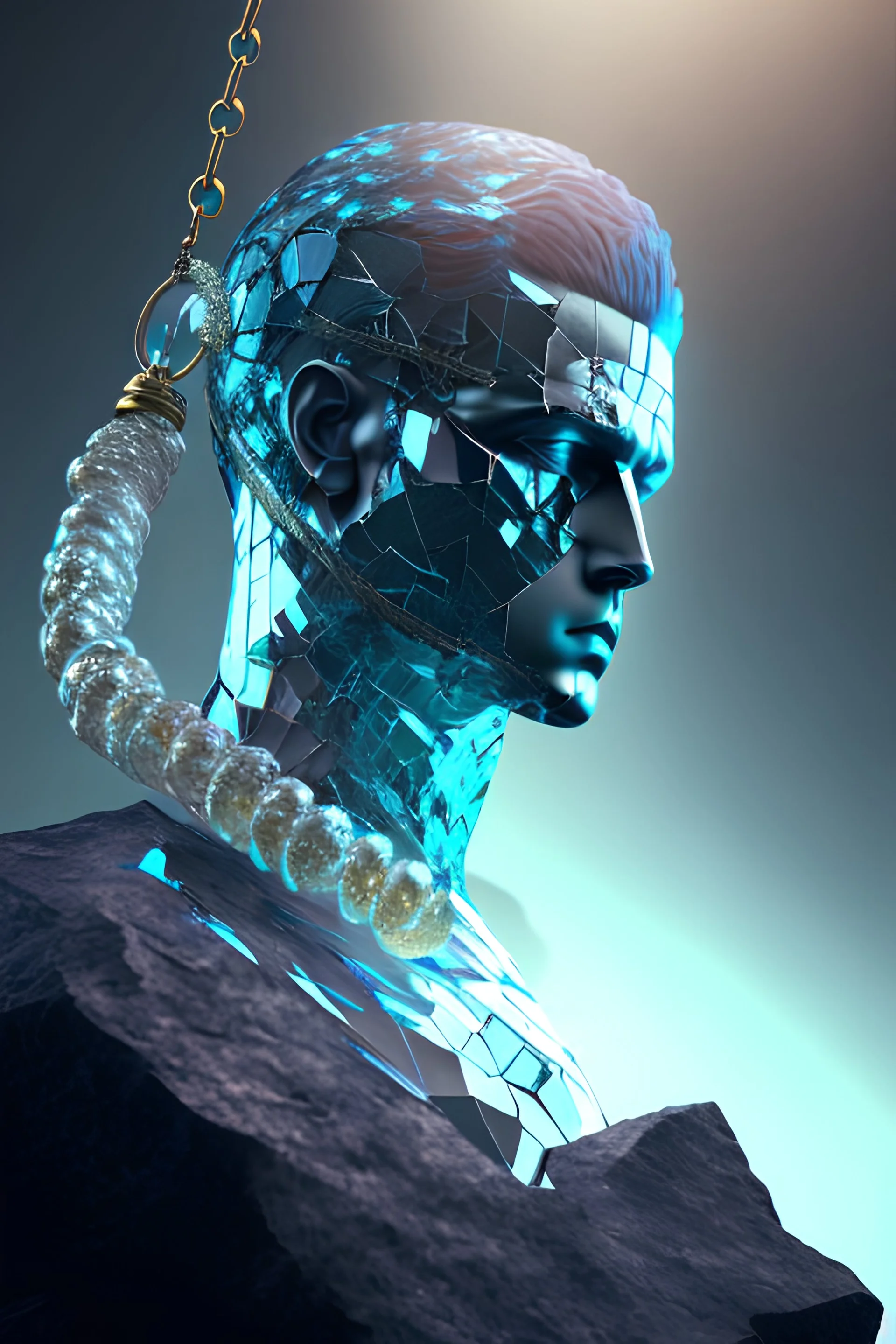 AI 3D shattered glass marble Prometheus chained to a rock, male figure art realisticv2 surrealism 4k resolution octane render volumetric lighting