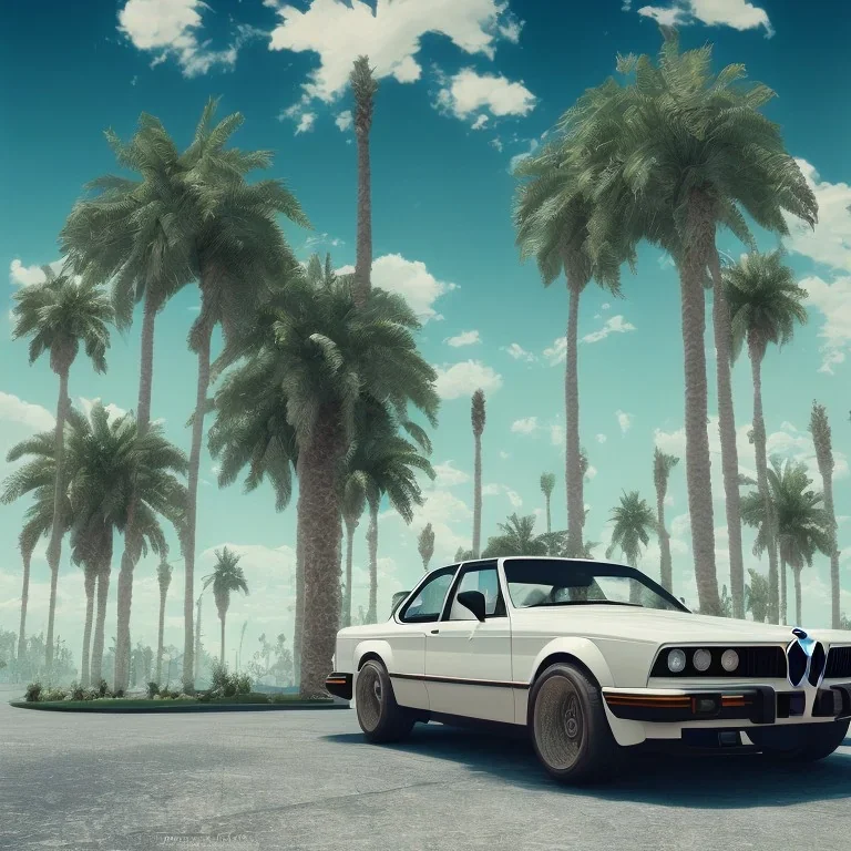 1980's aesthetic vaporwave palm trees and spheres and bmw