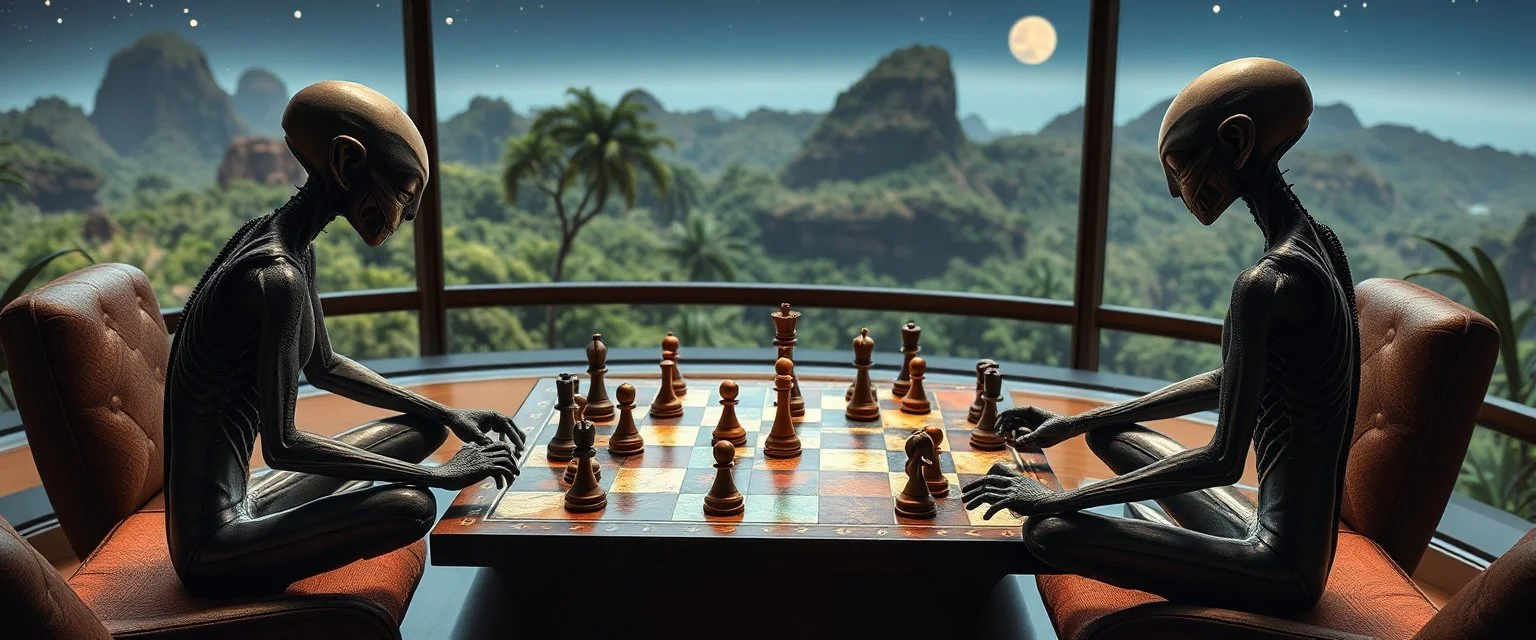 alien yoga chess masters playing serious chess on hex map in lounge on beautiful lush planet