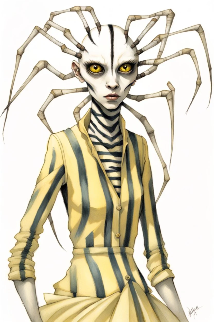 Artist Jean-Baptiste Monge style. A humanoid biomorph Zebra-Spider faced woman. Yellow eyes. A yellow striped ress, covered with spider legs.