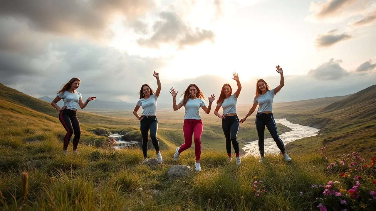 a group of young ladies in sports pants and blouse are dancing to camera in high grassy hills,a small fall and river and wild flowers at river sides,cloudy sun set sky