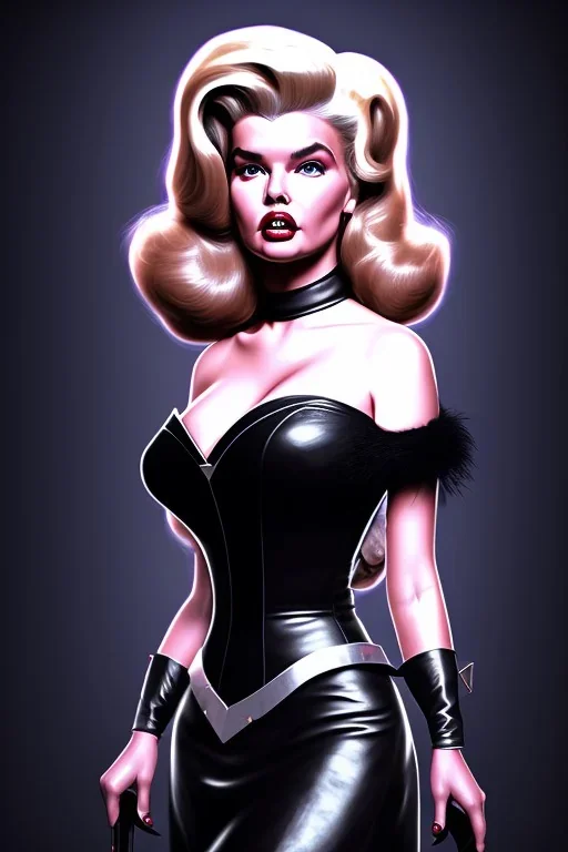 portrait of jayne mansfield as evil queen in black leather gown, leather, angry, stern look, volumetric lighting, particales,highly detailed,cinematic, deep colours,8