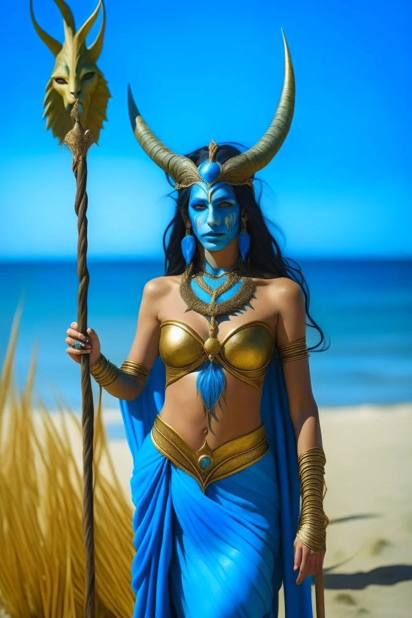 A picture of a beautiful "blue" faced indian goddess with skin painted blue, "blue painted body", "blue painted torso", wild black hair, stag antlers, elven ears, golden skirt, holding a staff on a sunny beach