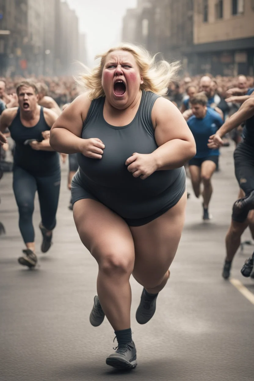 an obese terrified blonde woman crying and sobbing in a crossfit outfit desperately running away from an angry mob of thousands of people chasing her down a city street while she is flailing her arms for dear life