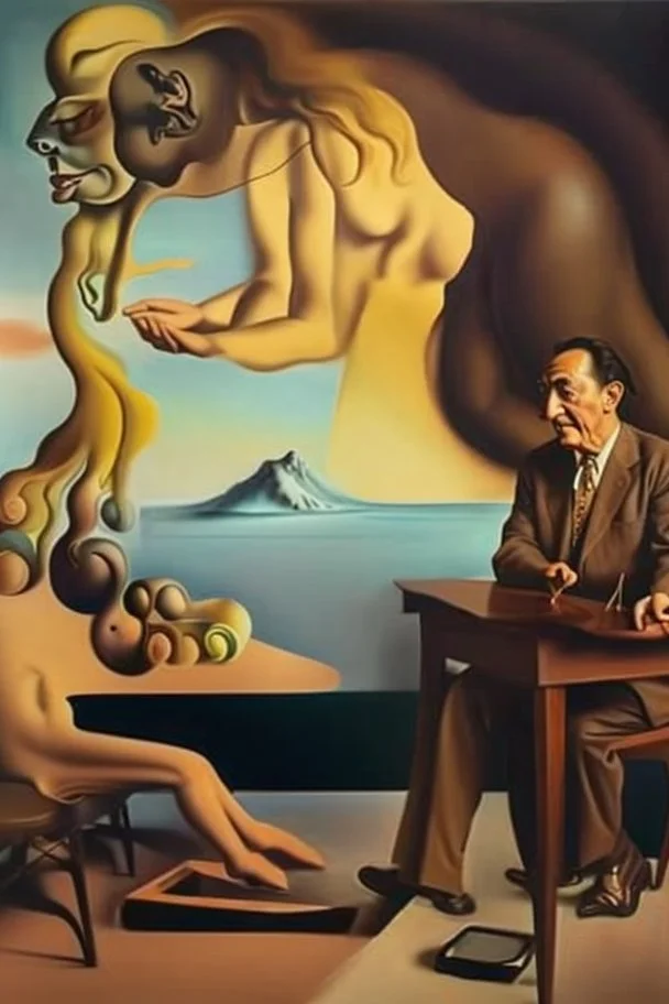 Harmony; Salvador Dali in a schoolboy desk drawing his mother posing for him