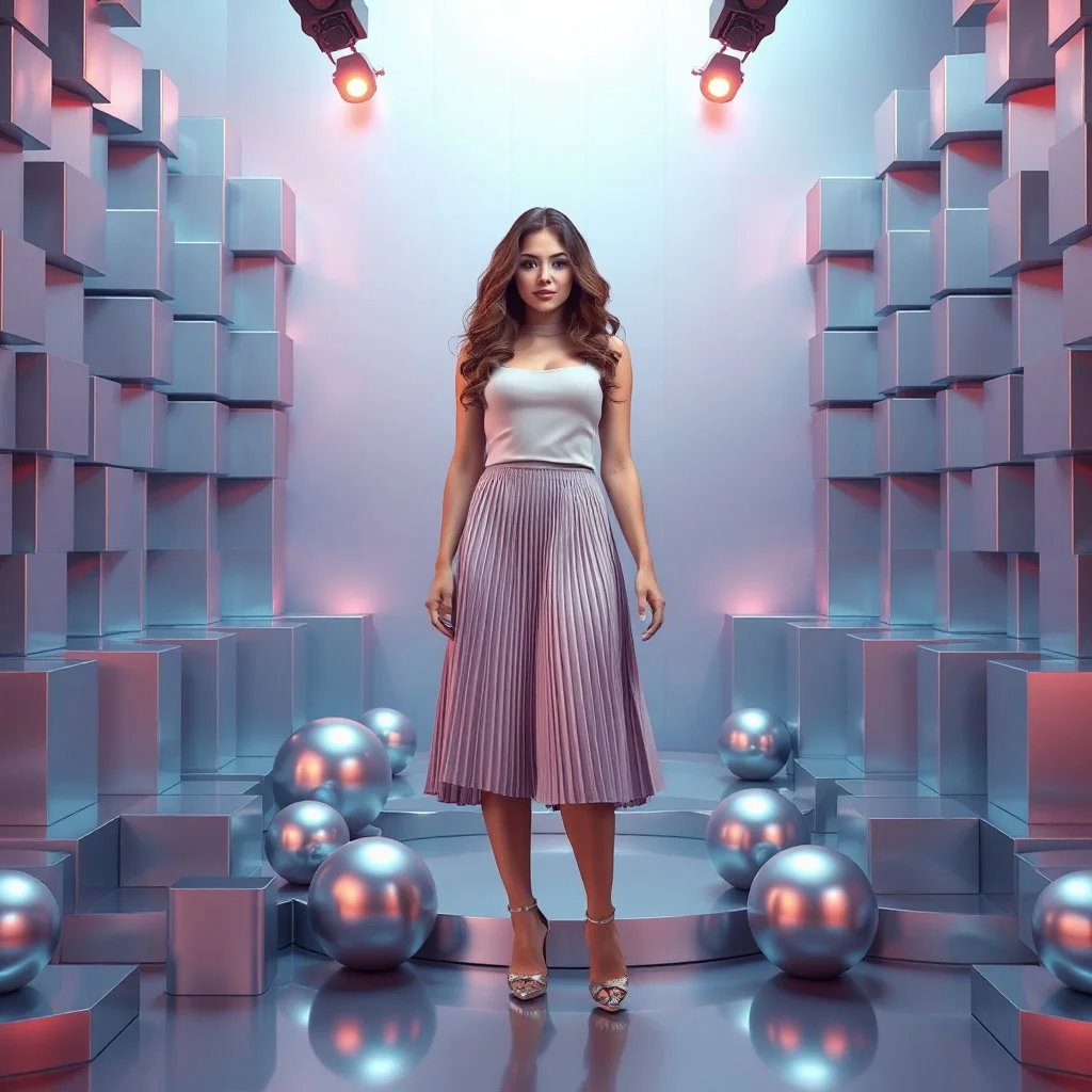 make a picture pretty stage made of metallic blue-gray teme 3d recursive cubic and sphere and cylinder base structures and a beautiful fashion model lady standing with cute in scene with sexy top and pretty pleated midi skirt ,makeup curvy long hair,dynamic camera zoom to full body and pan, dynamic lights.