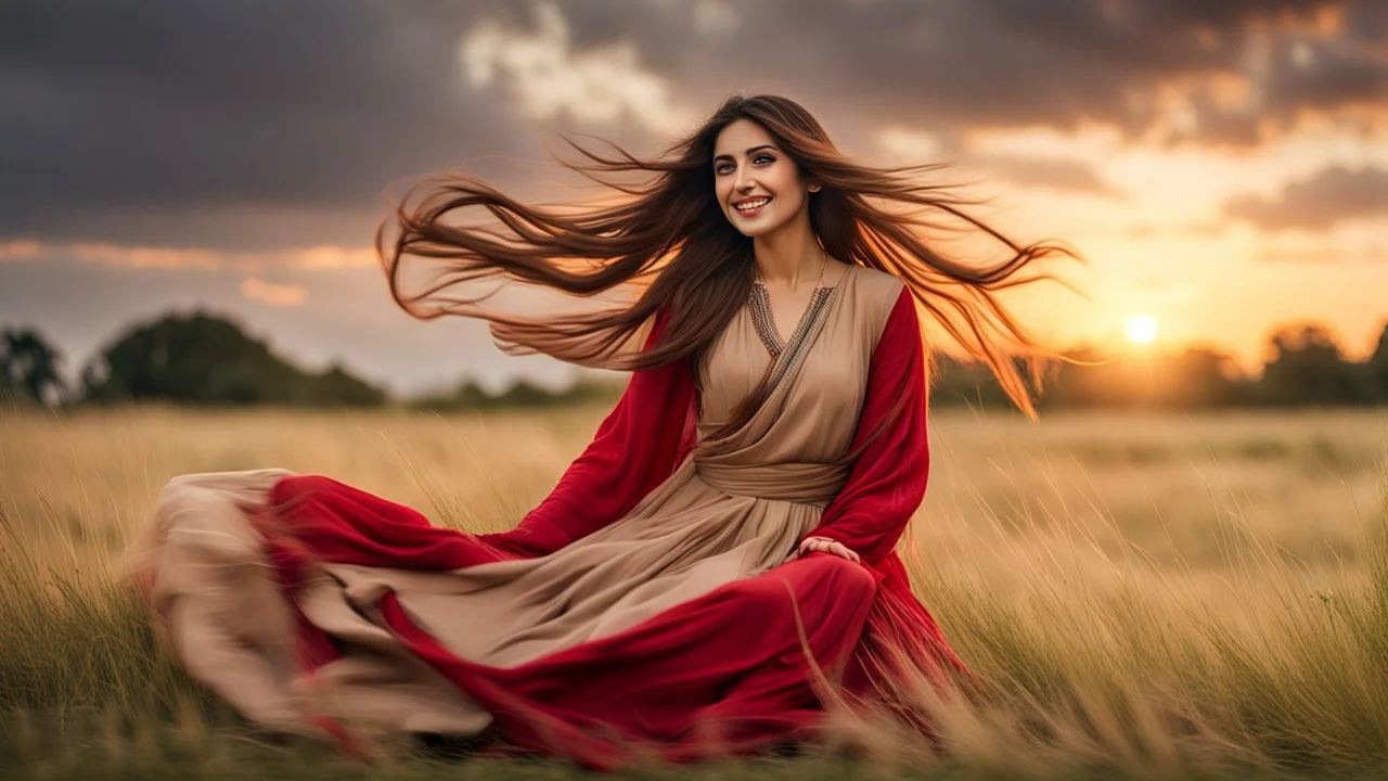 Hyper Realistic Photographic View Of a Young Beautiful Pashto Woman With Long Brown Hair & Beautiful Eyes Wearing Beige-Dress & Red Dupatta Smiling & Sitting On Long Grass Overlapping Her Dress & Her Hair Is Whirling With Cold Breeze At Cloudy Sunset Showing Dramatic & Cinematic Ambiance.