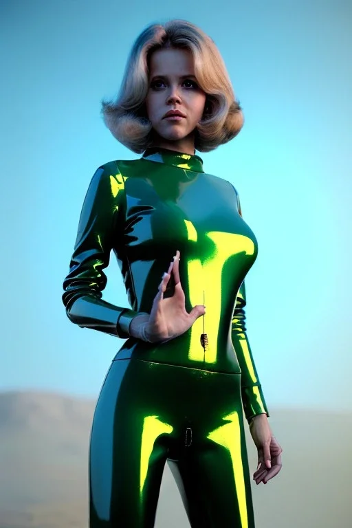 Ultra Realistic retro sci-fi portrait image from 1960, New York, spaceship, sweet young Jane Fonda, tight latex suit, weapon, fighting stance, soft color, highly detailed, unreal engine 5, ray tracing, RTX, lumen lighting, ultra detail, volumetric lighting, 3d, finely drawn, high definition, high resolution.