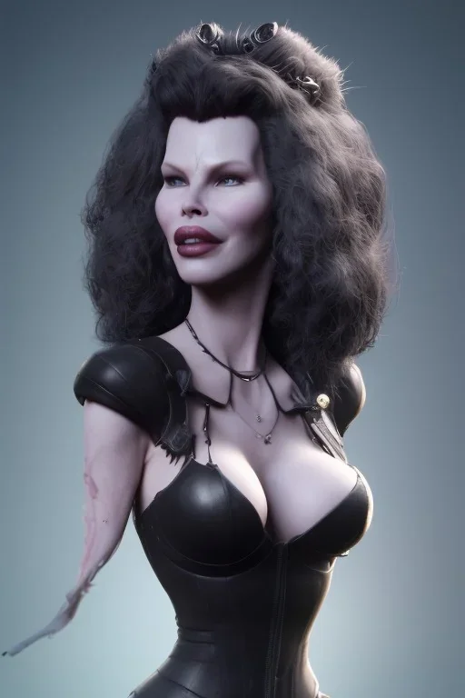 Kim Basinger as evil queen in black leather, busty, cleavage, curvy, angry, happy, stern look. character design by cory loftis, fenghua zhong, ryohei hase, ismail inceoglu and ruan jia. unreal engine 5, artistic lighting, highly detailed, photorealistic, fantasy