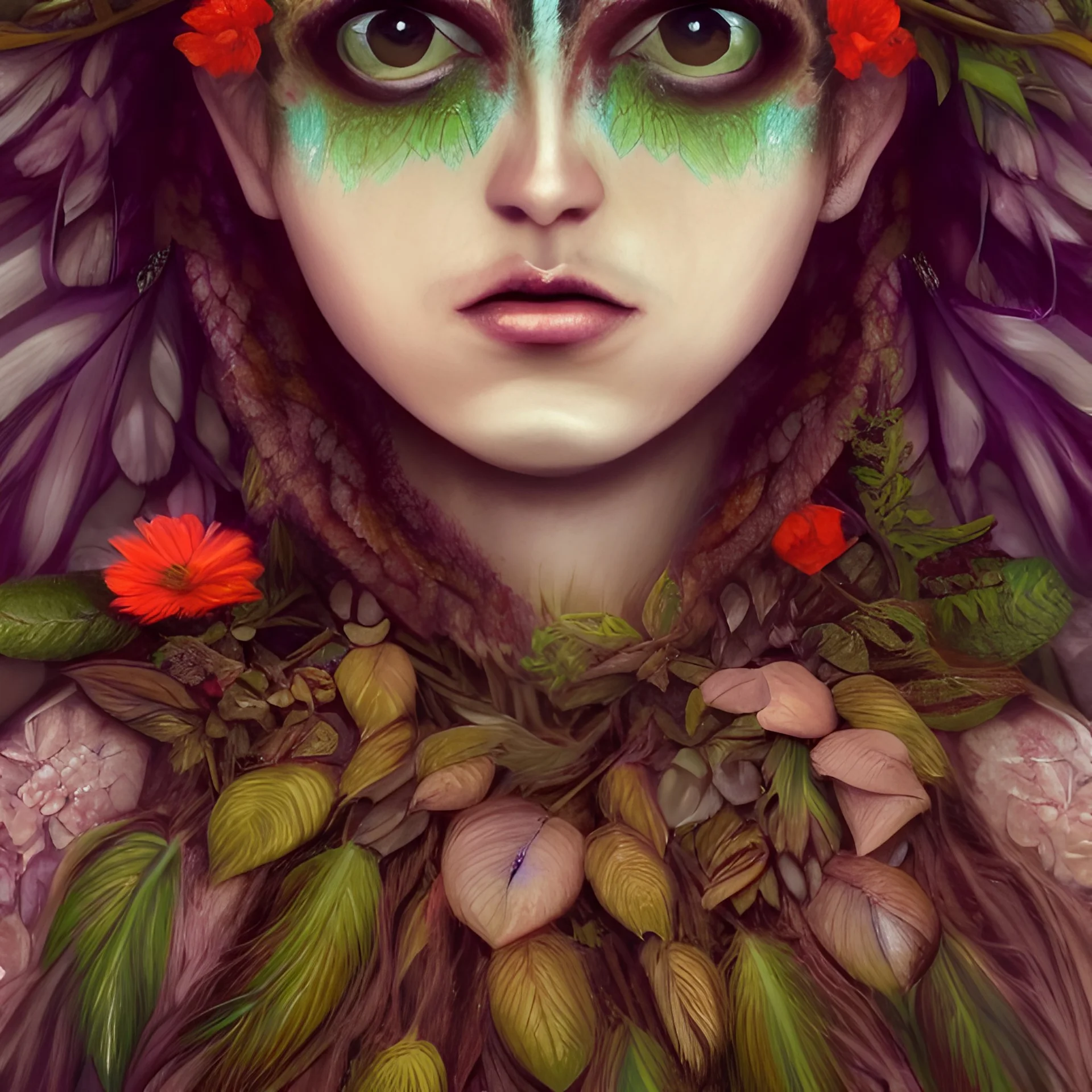 woolitize, frida, rusty metal, feathers, Dryad, fae, sidhe, ominous, nature, plants, wildflower, facepaint, dnd character portrait, intricate, oil on canvas, masterpiece, expert, insanely detailed, 4k resolution, retroanime style, cute big circular reflective eyes, cinematic smooth, intricate detail , soft smooth lighting, soft pastel colors, painted Renaissance style