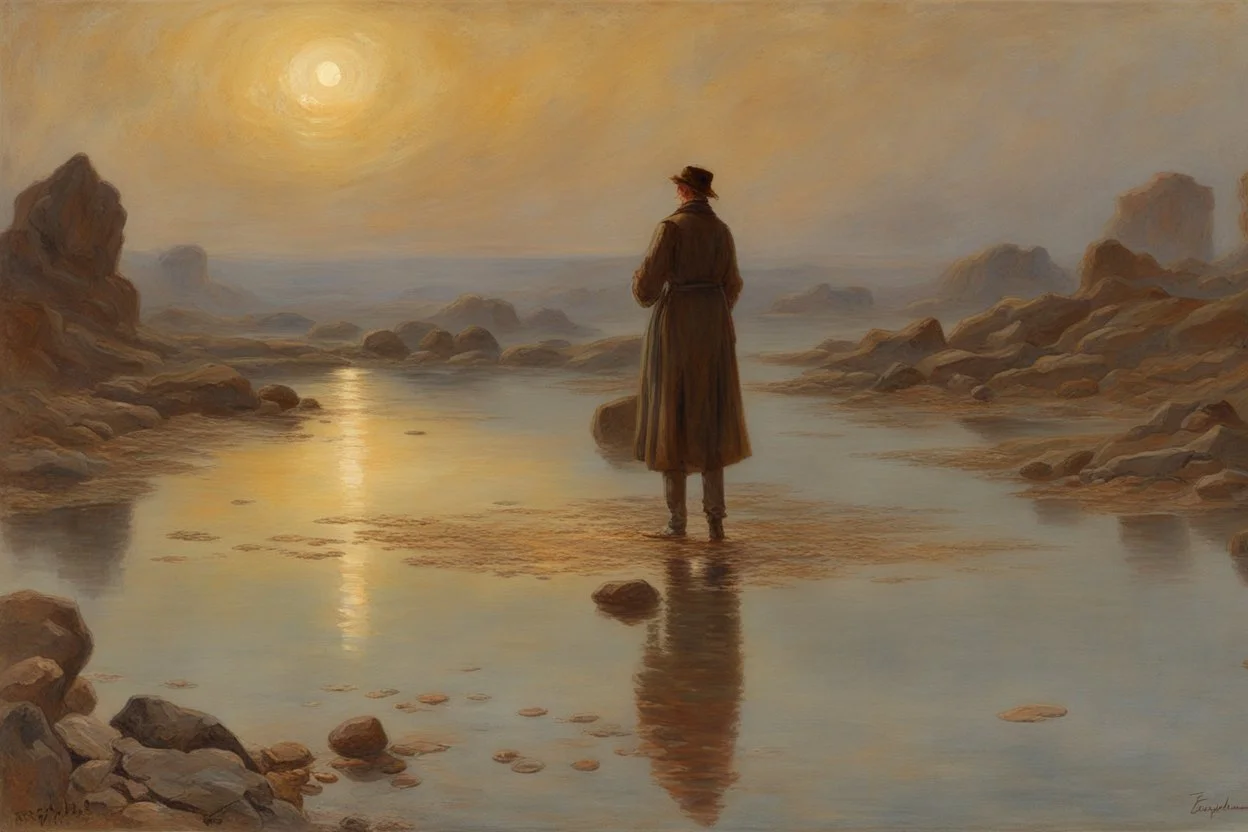 one person, rocks, puddle, cosmic, philosophic, and trascendent influence, friedrich eckenfelder impressionism paintings