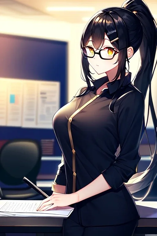 girl, masterpiece, best quality, cinematic lighting, detailed outfit, vibrant colors, perfect eyes, black hair, golden eyes, long hair, ponytail, black glasses, at office, hairclip,