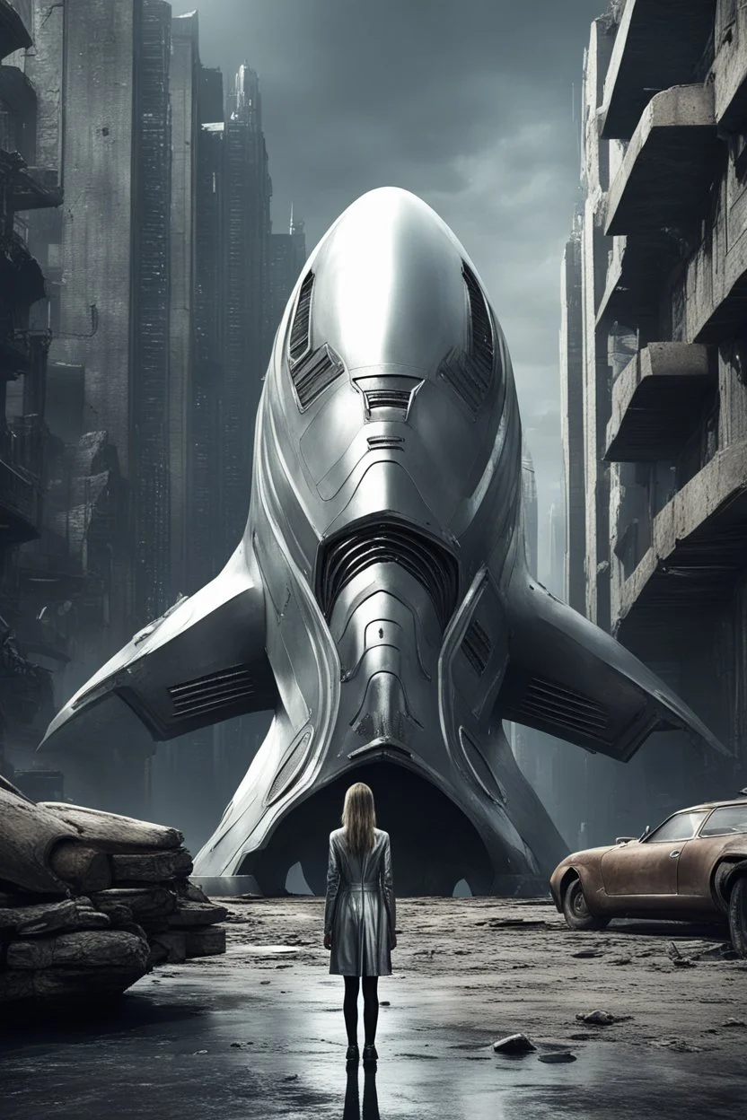 a photorealistic sleek, long, silver spaceship sitting in the street of a dystopian futuristic ruined alien city, with a woman in a silver suit, standing in front