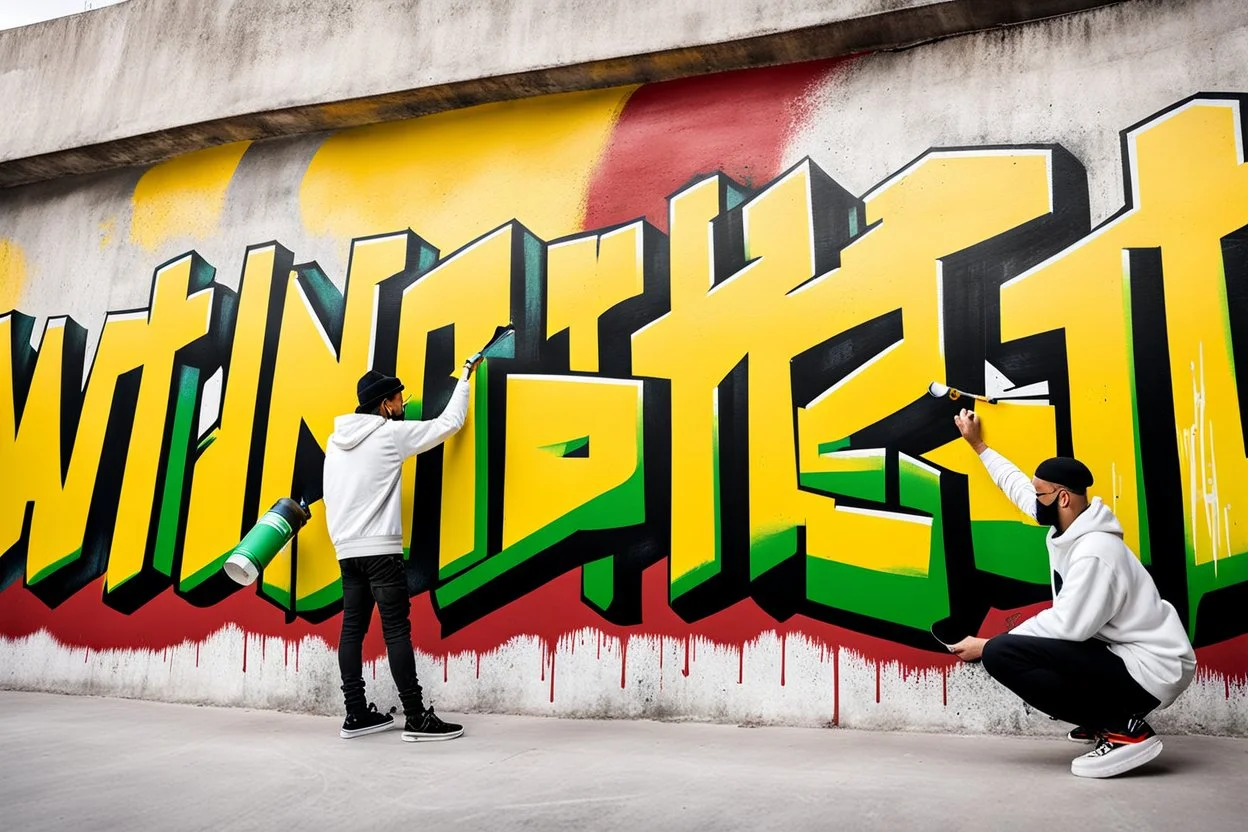 painted on concrete wall of underpass a young cyberpunk hacker paints a complicated colorful / uppercase all-white graffiti text in text: "WINTERMUTE"; street art, graffiti green-yellow-black triotone, wall painted matte black and yellow and deep red, semi-front view, low angle, daylight, cinematic, dramatic