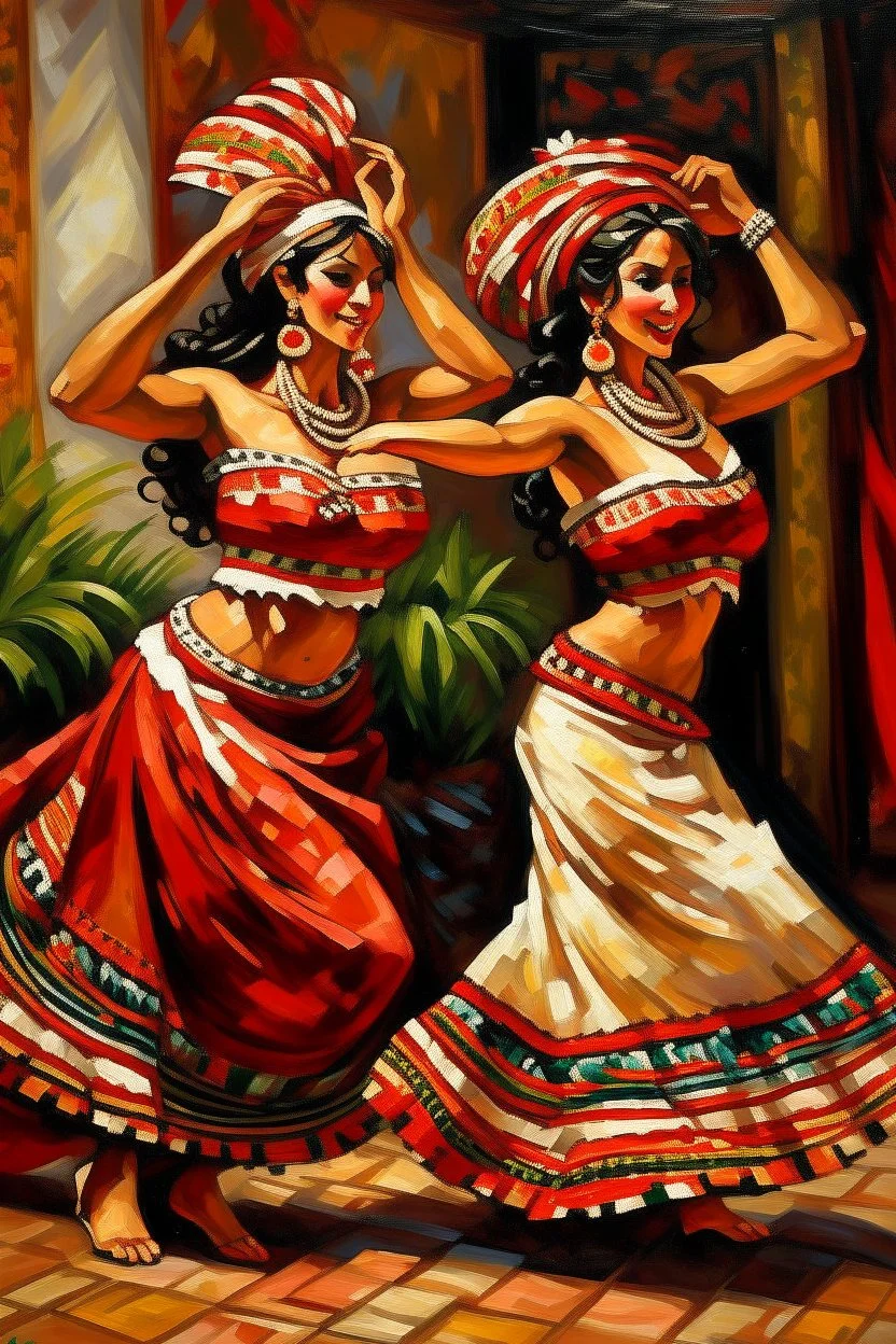 2 maxican woman dancing neoclassism traditional painting