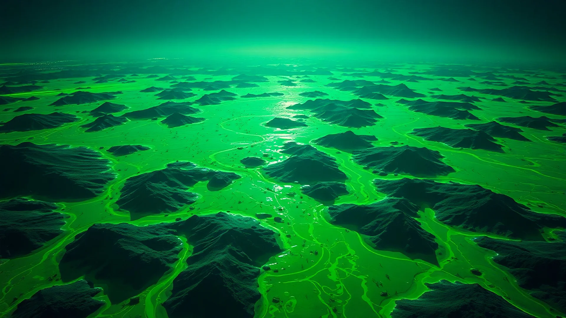 realistic photo, aerial view of a landscape covered in green slime that looks futuristic with futuristic lighting, horizon