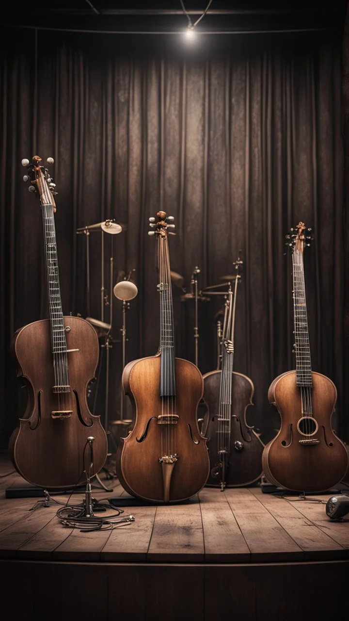 Hyper Realistic musical instruments orchestra on a dark vintage designed stage with dark grungy rustic background & vintage lights