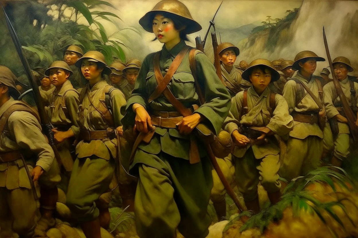 Japanese 1920 oil painting Fedra and the CRM but as Vietnam soldiers.