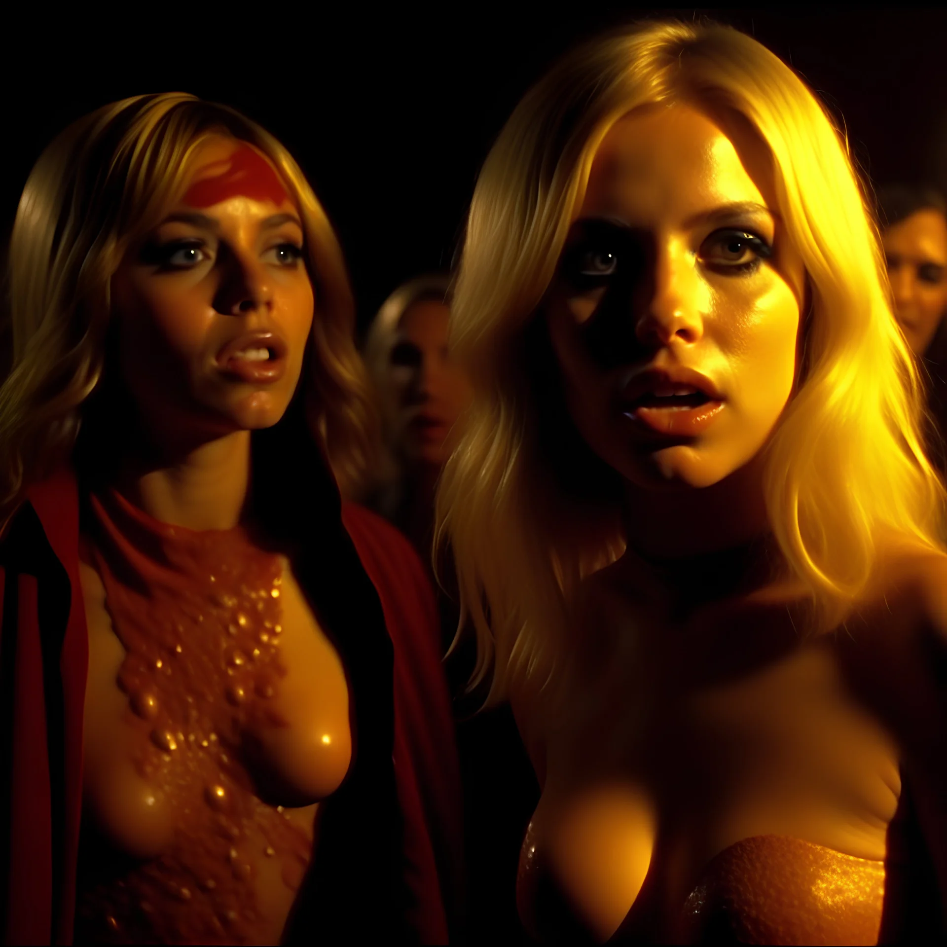 Horror movie shot, ultra realistic, hot wasteland, ultra realistic hot blonde women, hot party, pieces of meat, they enjoy, organs, ail, dynamic, very excited hot people, hypermaximalist figures, light, 1970's Italian horror movie, sinister,, Dario Argento, Stanley Kubrik, ornate, 4k, photorealism