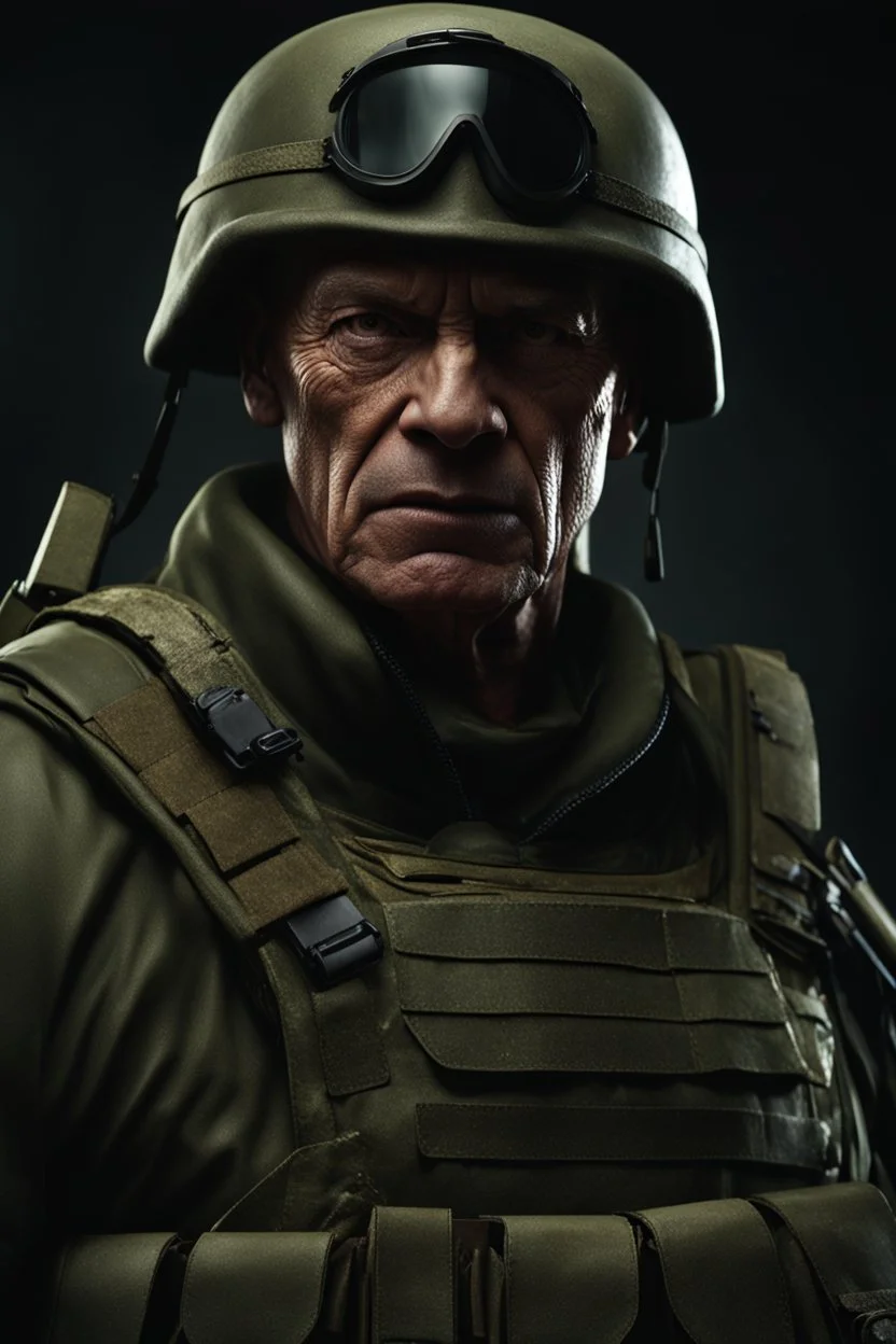 portrait of a 50 year old evil soldier. sneering expression, bald, photorealistic, 4k