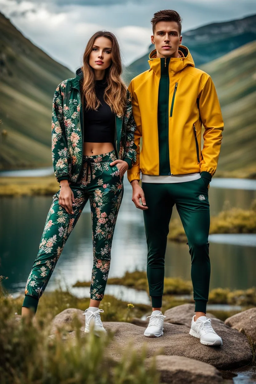 fullbody shot of young-beautiful-girl and boy-with-a-perfect-face-with-make-up-wearing- sport pants and jacket standing ,geen hills ,nice nature environment ,wild flowers,clean water river with colorfull rocks in floor