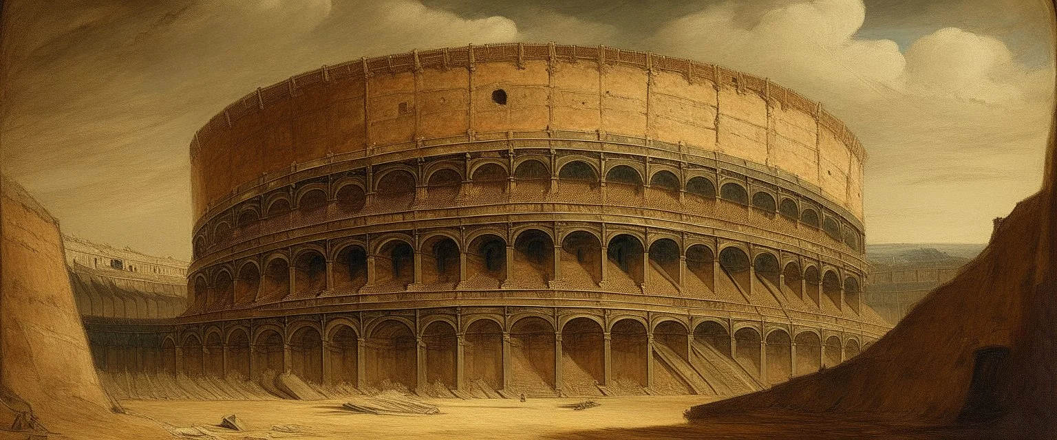 A tan arena coliseum made out of stone painted by Albert Pinkham Ryder