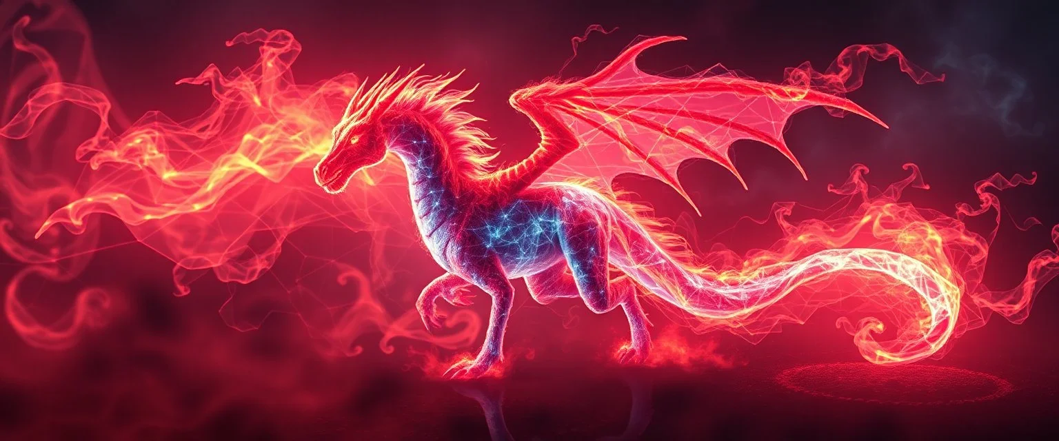 plasma vampire flickers like hypnotic fire in geometric shapes like a dna swirl of time and a fearsome fluffy dragon horse dino